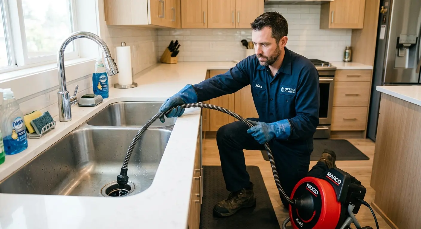 Drain cleaning technician using a motorized snake on a kitchen sink in Spring