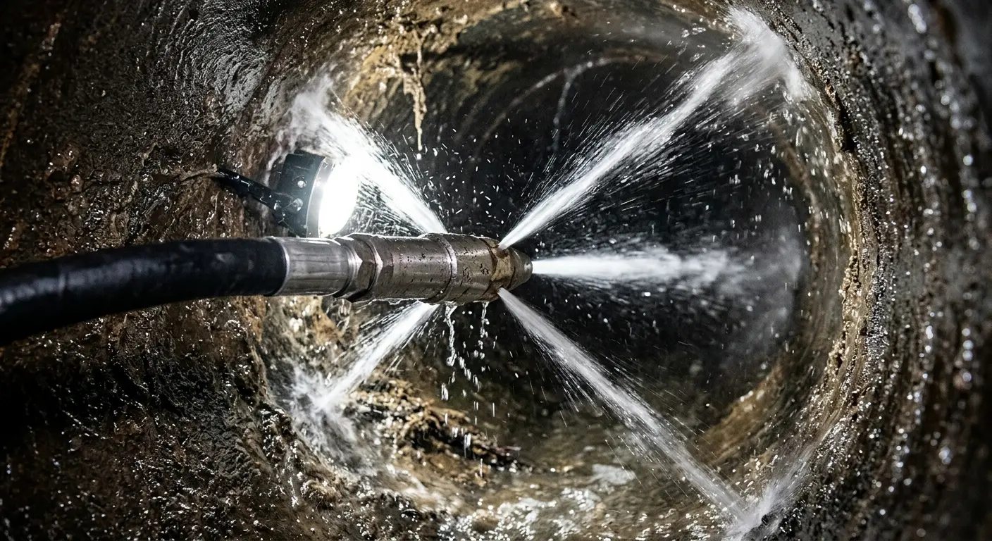 High-pressure hydro jetting nozzle cleaning sewer pipe for Emergency Drain Service in Spring