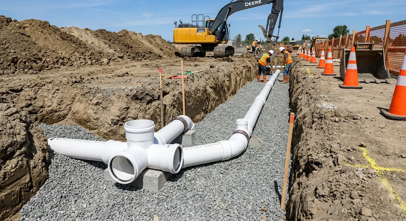 New PVC sewer pipe installation in open trench for Commercial Drain Cleaning in Spring