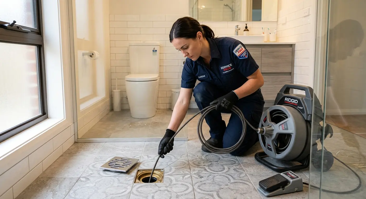 Technician clearing a bathroom floor drain for Drain Cleaning in Spring